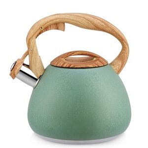Tahari Mint Green Stainless Steel Tea Kettle with Wood-Effect Handle and Lid